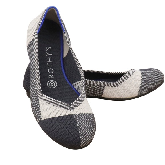 Rothys Shoes - Rothys The Flat Cap Toe Shoes Womens Size 7 Black Cream Plaid Knit Comfort